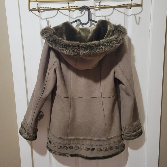 Vintage y2k olive green faux fur trim lined hooded suede winter coat small - Picture 3 of 11